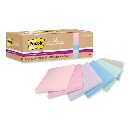 Post It Notes Super Sticky 100% Recycled Paper Super Sticky Notes, 3 x 3, Wanderlust Pastels, 70 Sheets/Pad, 12PK 70007079810